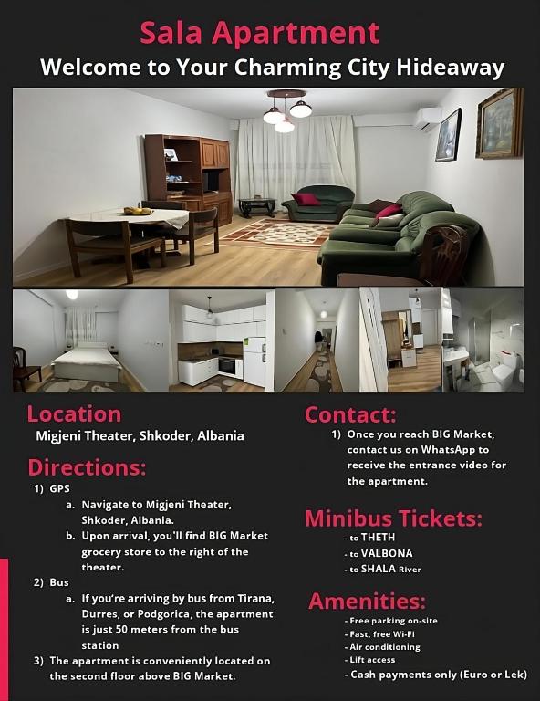 a flyer for a rental apartment with a living room at SALA Apartment in Shkodër