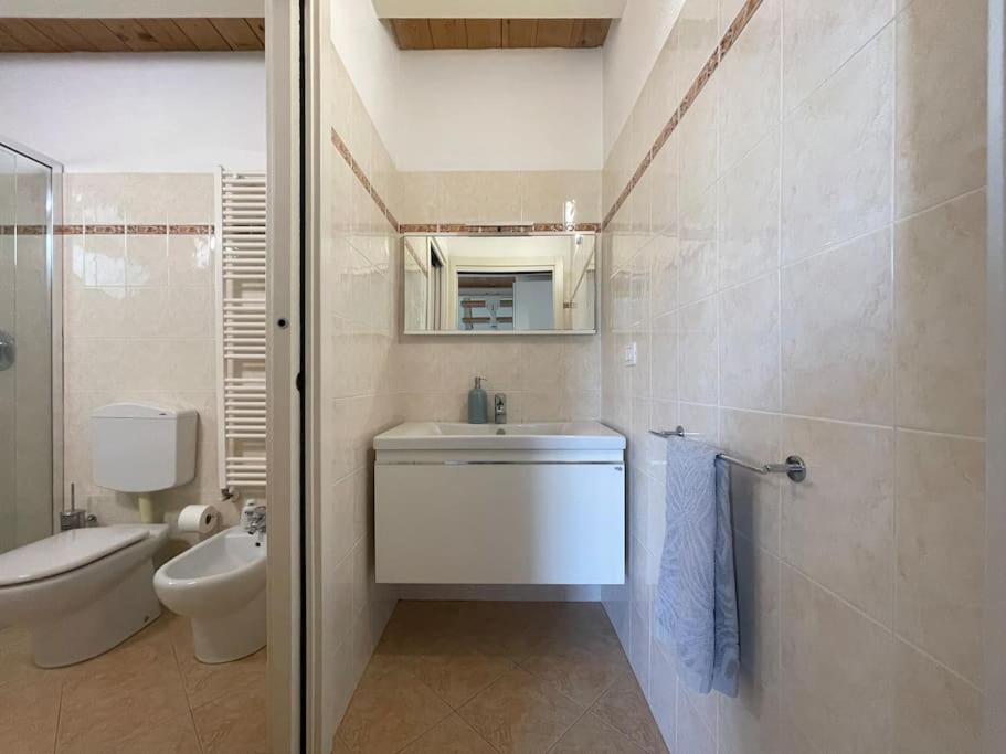 un bagno con lavandino, WC e specchio di Appartamento IL GLICINE a piano terra zona tranquilla a due passi dal mare a Lido di Savio
