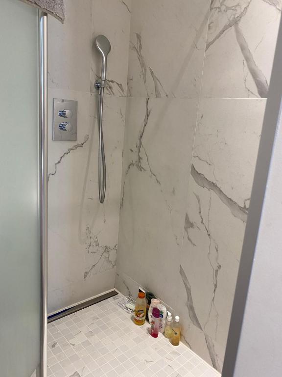 La salle de bains est pourvue d'une douche et d'un mur en marbre. dans l'établissement Yafi Velasquez, à Cannes