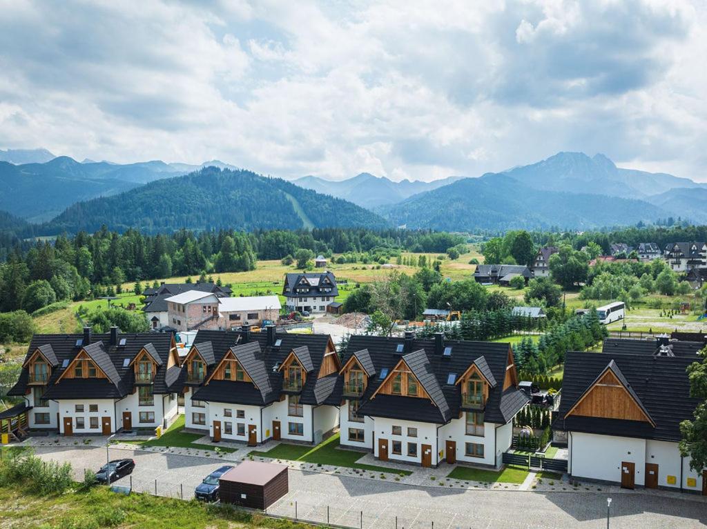 einem Luftblick auf ein Dorf mit Häusern und Bergen in der Unterkunft Golden Apartments Zakopane - Mountain View in Zakopane