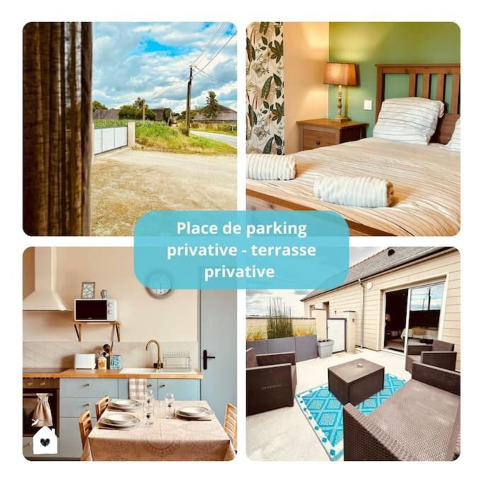 un collage de quatre photos d'une chambre d'hôtel dans l'établissement H9 Petite maison de campagne, à Domalain