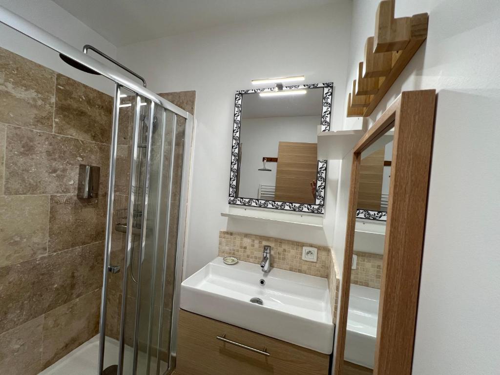 a bathroom with a sink and a shower and a mirror at HomeStay Bormes in Bormes-les-Mimosas