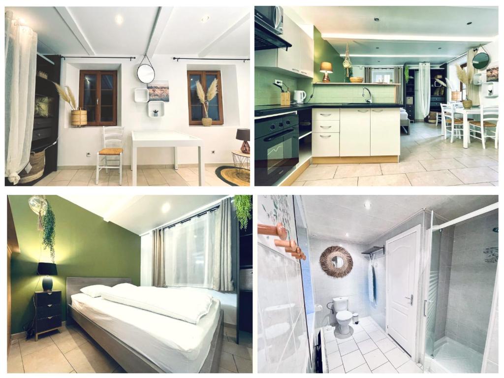 un collage de photos d'une cuisine et d'un salon dans l'établissement Kaki Green Appartement Lumineux, Chic & Cosy WIFI Centre ville, à Chalencon