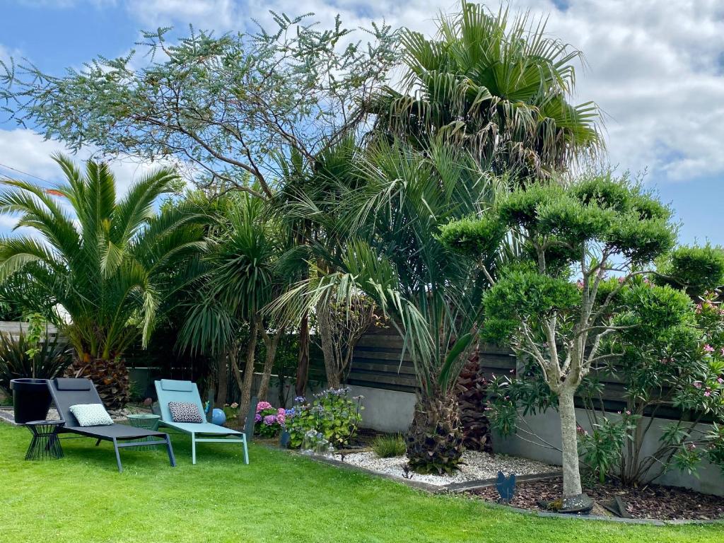 d'un jardin avec deux chaises et des palmiers. dans l'établissement Au Renard Baulois - chambre d'hôtes, à La Baule