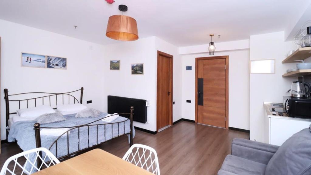 Postel nebo postele na pokoji v ubytování Bright Apartment in Marshall Gudauri