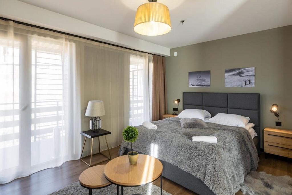 Postel nebo postele na pokoji v ubytování Super Stylish and cozy 2 bedroom 4or6 people Apartment in key location in Marshall Gudauri Project Ski Resort