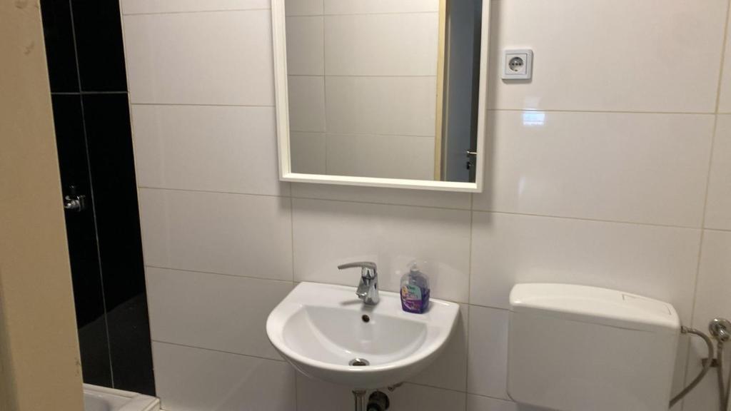 a bathroom with a sink and a toilet and a mirror at Villa Minden City in Minden