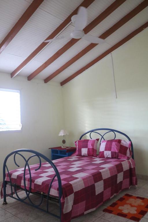 a bedroom with a bed with a plaid blanket at Appartement à 15min de belles plages in Sainte-Rose