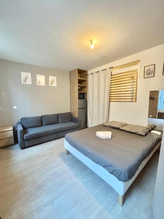 une chambre avec un lit et un canapé dans l'établissement appart' de la ville, à Saint-Étienne