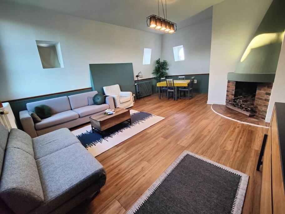 un salon avec un canapé et une cheminée dans l'établissement logement de charme 2 chambres 100m2 hypercentre 2ème étage, à Nemours