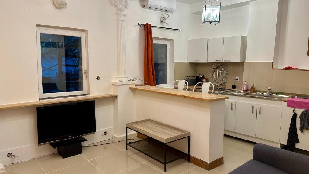 Il comprend une cuisine avec un comptoir et une télévision. dans l'établissement Charmant appartement au calme sur jardin, à Saint-Brice-sous-Forêt