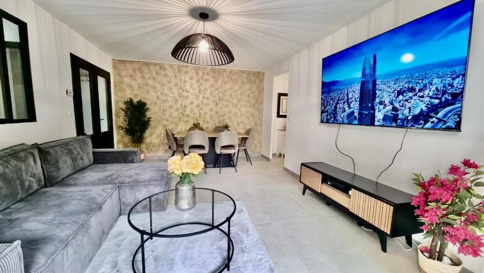 a living room with a couch and a tv on a wall at Cosy family spa Strasbourg center in Strasbourg