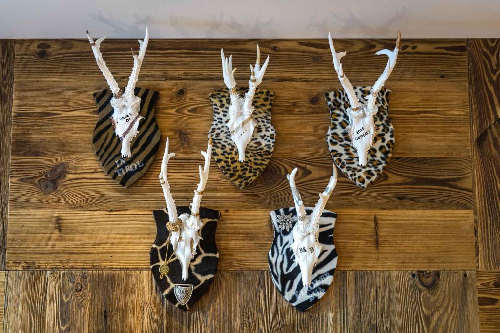 a group of antelopes hanging on a wall at Apartment in Gerlos - Zillertal 49996 in Gerlos