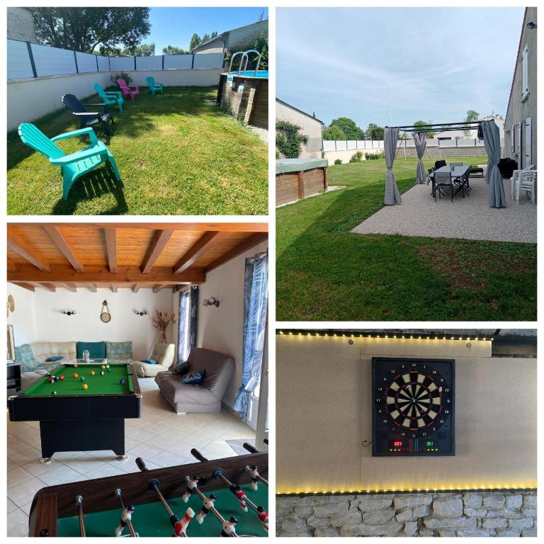 un collage de quatre photos d'une arrière-cour avec un billard dans l'établissement Maison à la campagne avec piscine 12 pers, à Genouillé