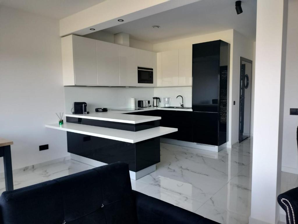 a kitchen with white cabinets and black appliances at Apartament 3 z ogródkiem in Sieniawa Żarska