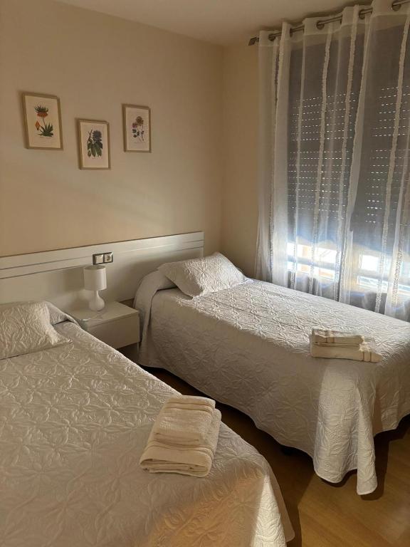 a bedroom with two beds and a window at Apartamentos El Espolón in Logroño