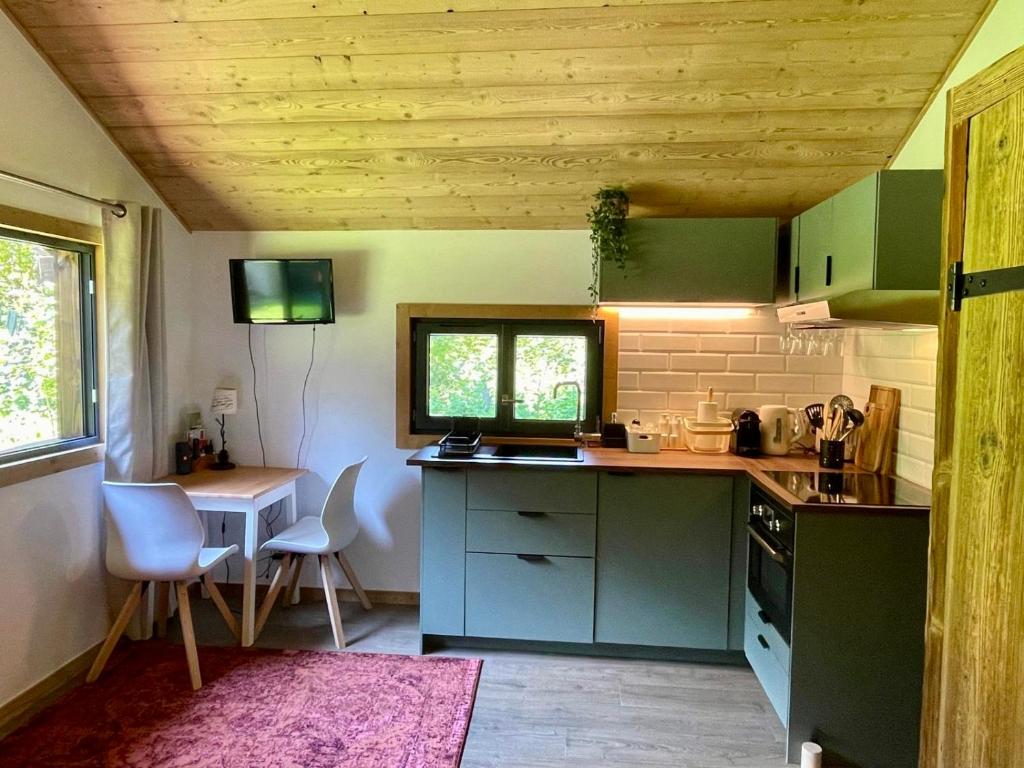 une cuisine avec des placards verts et une table avec des chaises dans l'établissement Les Chalets du Glacier - Mazot des Glaces - Chamonix, à Chamonix-Mont-Blanc
