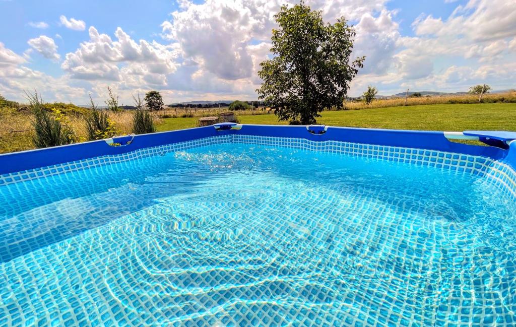 a blue swimming pool with a field in the background at Apartament Karczyn in Karczy