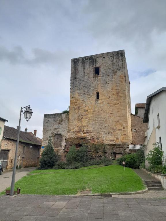un vieux château avec une cour d'herbe en face dans l'établissement Baccarat Tout Schuss !, à Baccarat