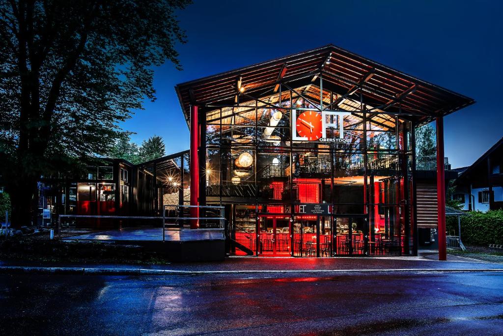 a building that is lit up at night at Studio im Loft in Oberstdorf