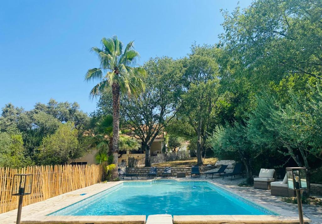 einen Pool im Garten mit Palmen in der Unterkunft Magnifique Villa typique du Sud avec Piscine privée et jardin méditerranéen in Saint-Vincent-de-Barbeyrargues