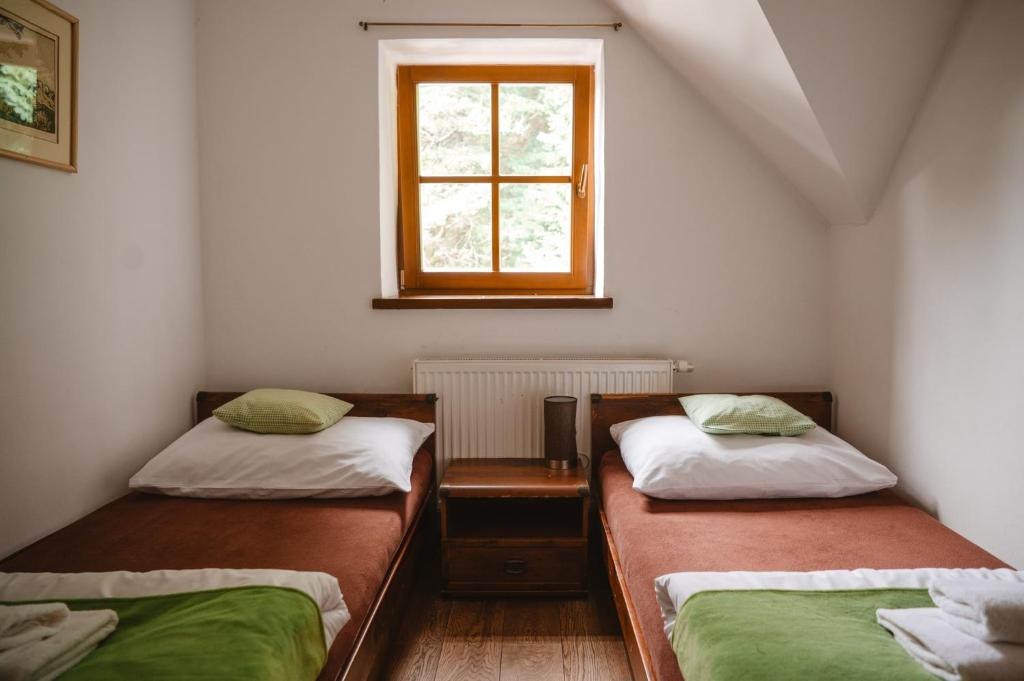 A bed or beds in a room at Majláthova Chata Popradské Pleso