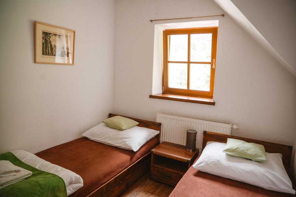 A bed or beds in a room at Majláthova Chata Popradské Pleso