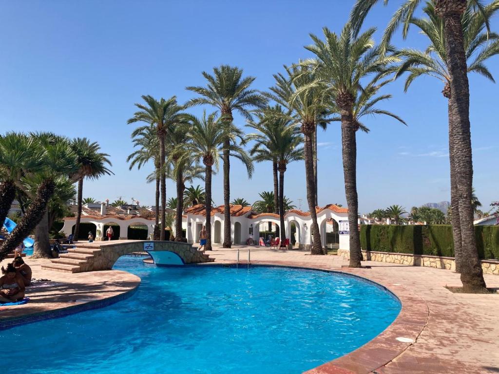 a swimming pool with palm trees in a resort at Denia El Palmar 183 in Denia