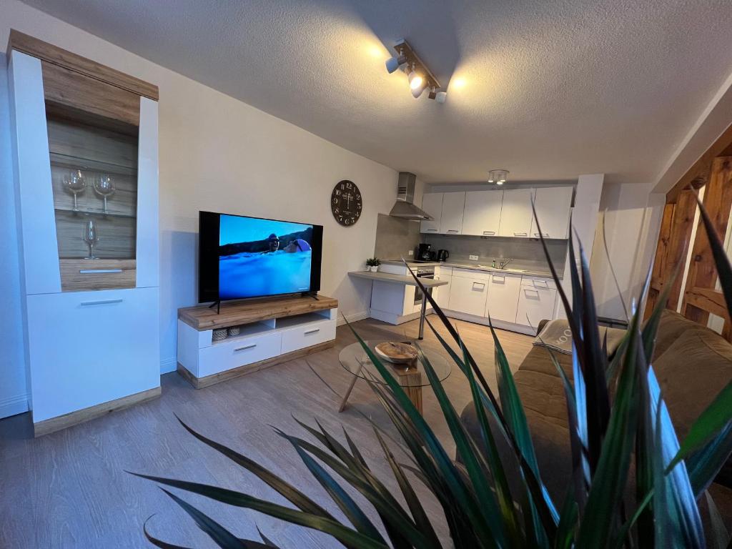 a living room with a television and a kitchen at Ferienwohnung Hansezauber in städtische Bestlage in Stralsund