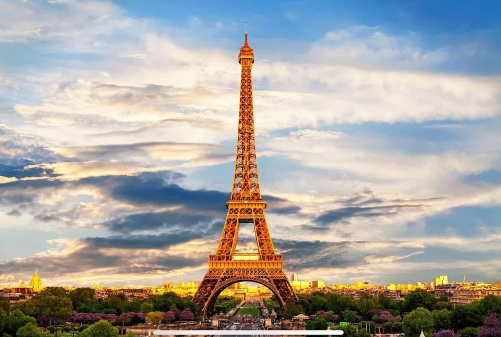 - une vue sur la tour Eiffel au coucher du soleil dans l'établissement Magnifique appartement Tour Eiffel, à Paris
