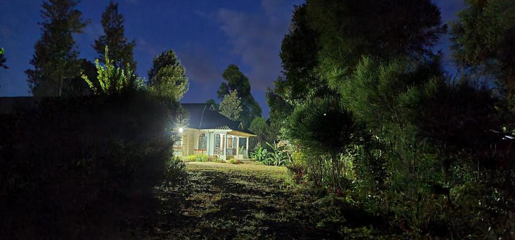 a house with a light on in a yard at Aberdare Home in Othaya