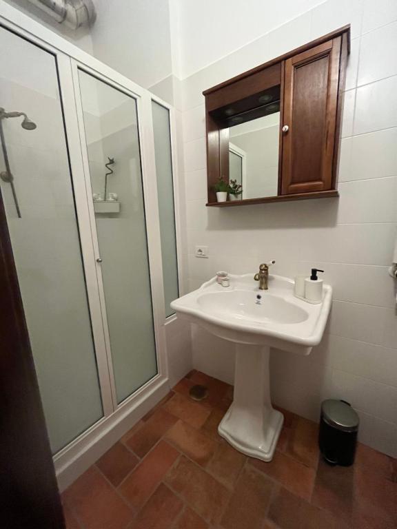 a white bathroom with a sink and a shower at Tenuta Raimo in Altavilla Silentina