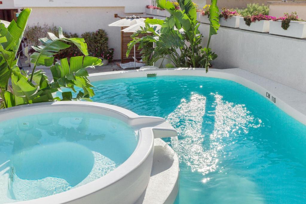 a large swimming pool in a backyard with plants at Hotel Domomea in Alghero