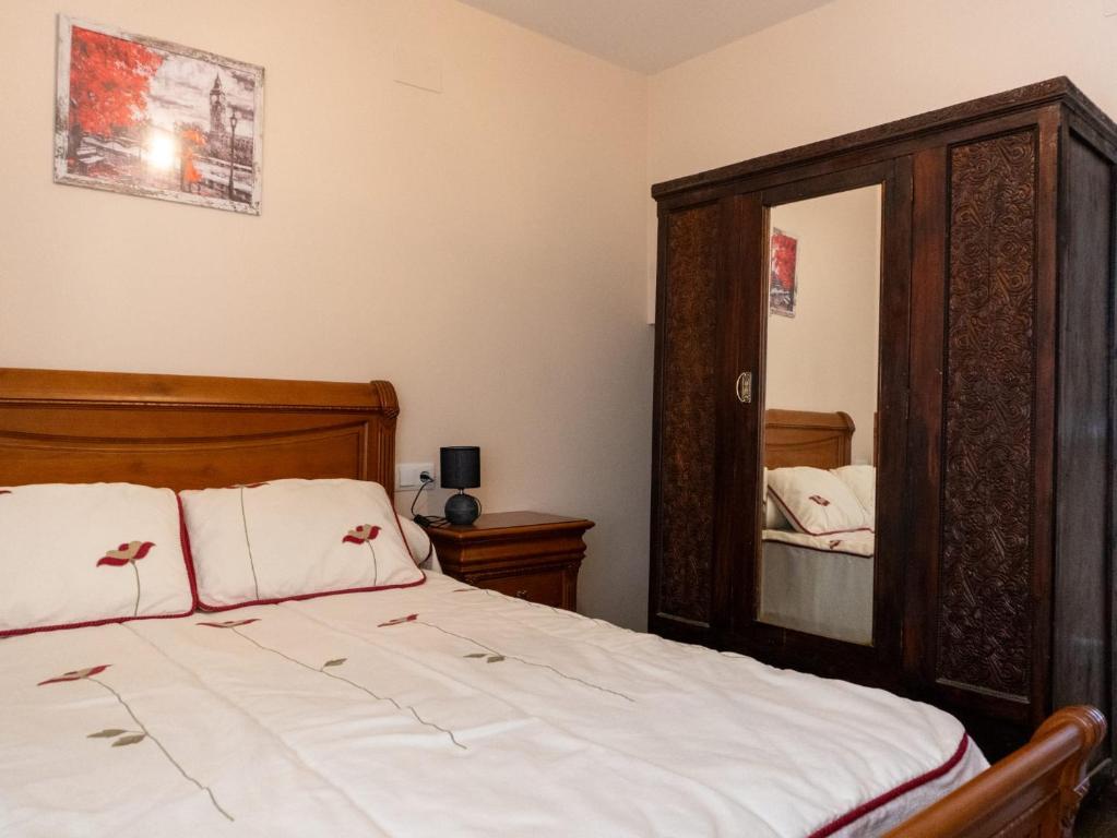 una camera da letto con un letto e un grande specchio di Casa turística Lola a Aldealcorvo