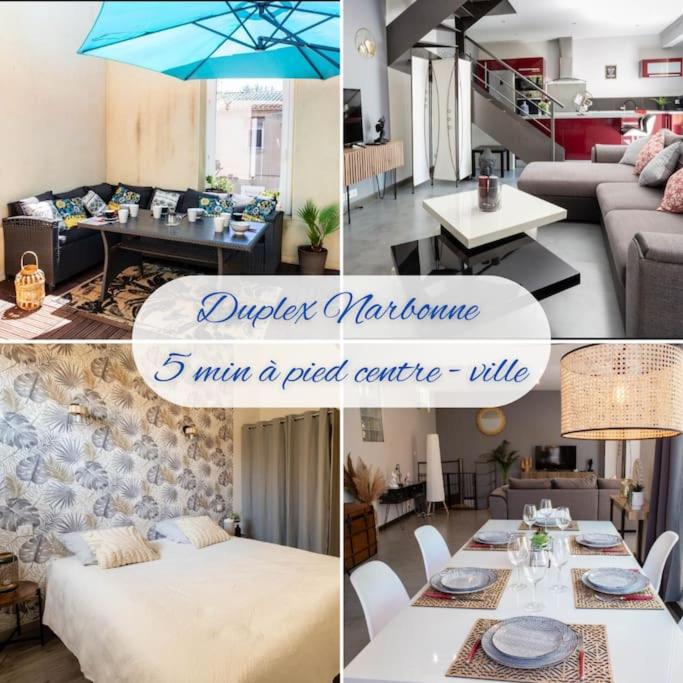 un collage de photos d'un salon avec un canapé et une table dans l'établissement Duplex moderne centre Narbonne, à Narbonne