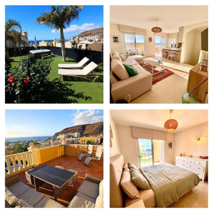 a collage of four pictures of a house at Sea view duplex private jacuzzi, garden, terras and shared pool in Palm-Mar