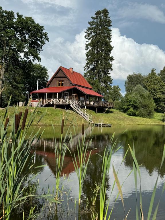 a house with a red roof next to a lake at Brīvdienu māja Straumēni in Pāle