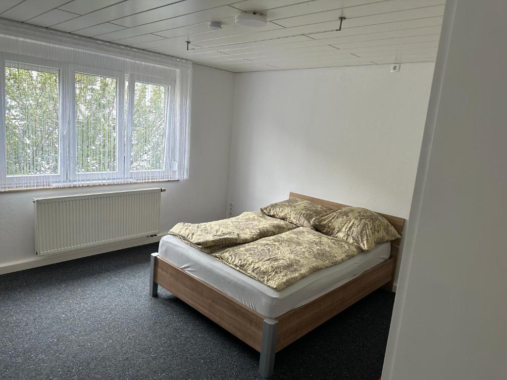 a bedroom with a bed and two windows at Comfort Apartments Heilbronn in Heilbronn