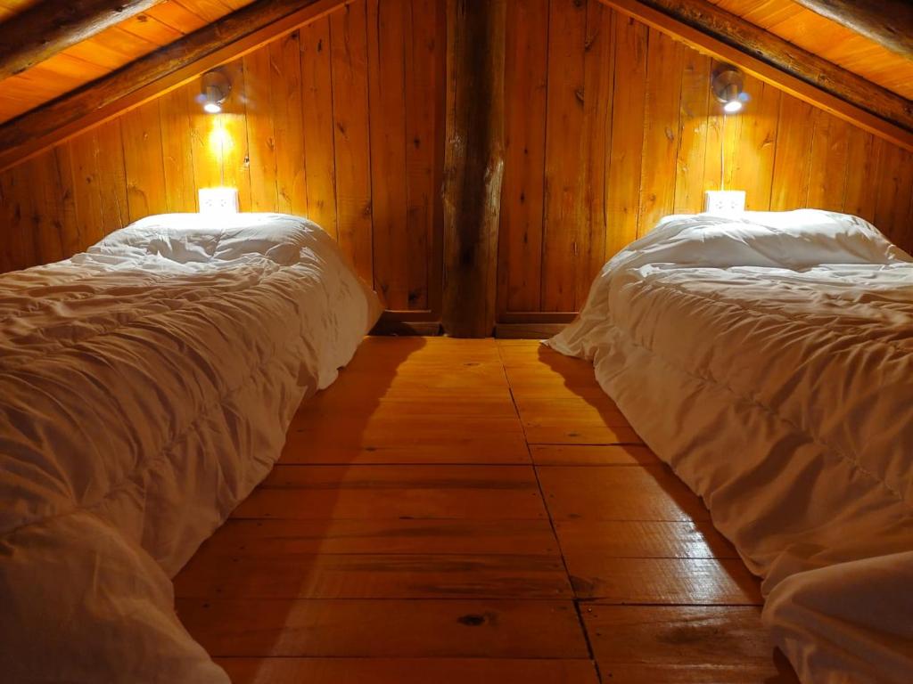 two beds in a room with wooden walls at Cabaña Puesta del sol in Chascomús
