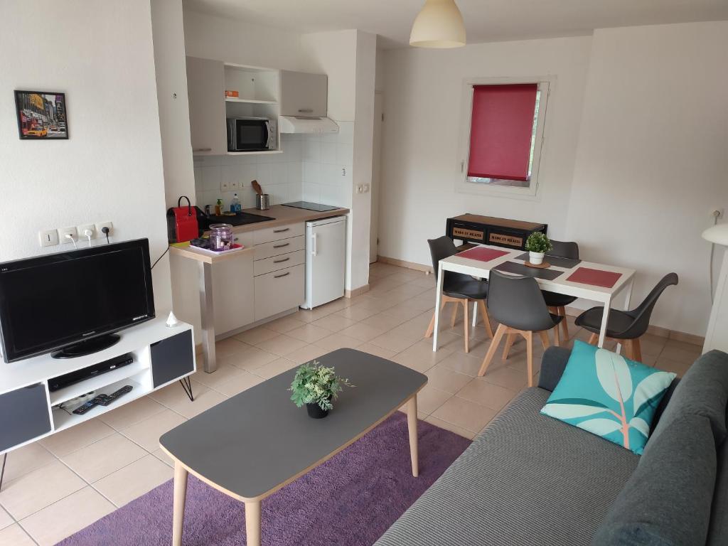 un salon avec un canapé et une table dans l'établissement Appartement T2 avec balcon, centre de Castelnau de Médoc, à Castelnau-de-Médoc