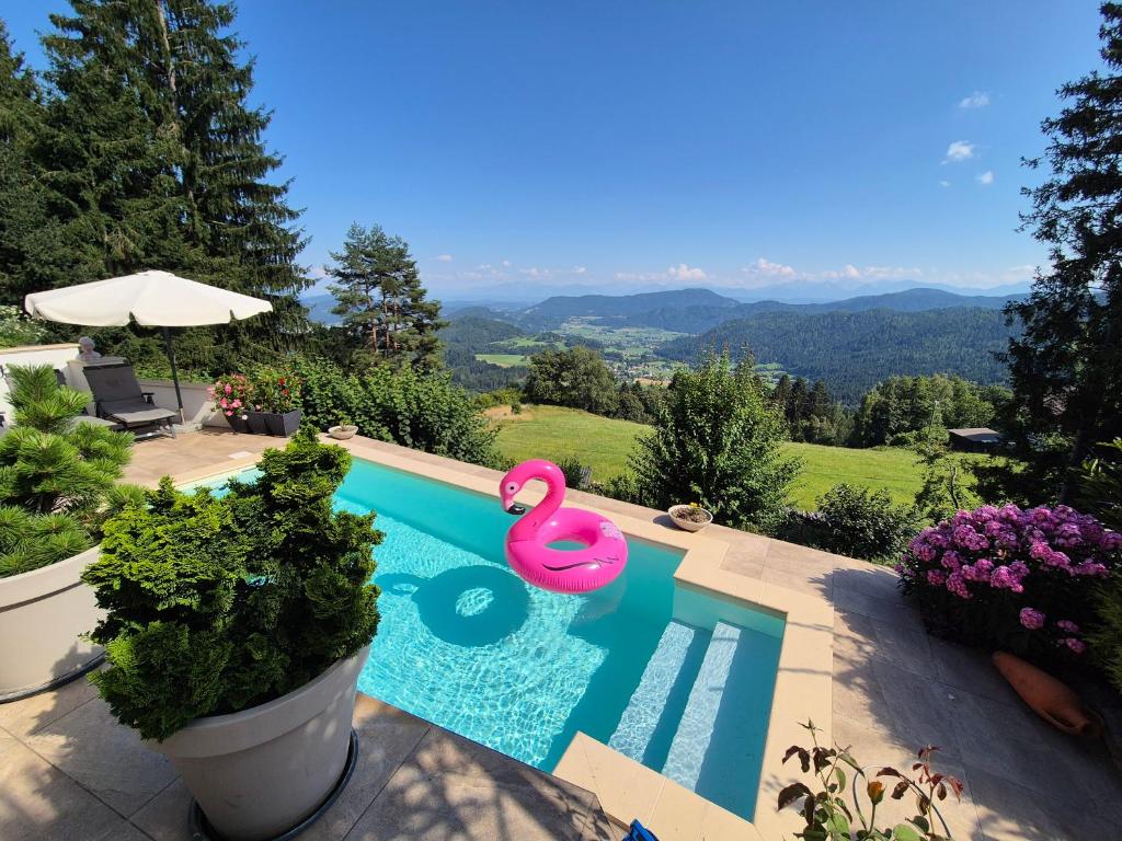 a swimming pool with a pink swan in the middle at Landhaus Karawankenblick, Saurachberg 42 in Himmelberg