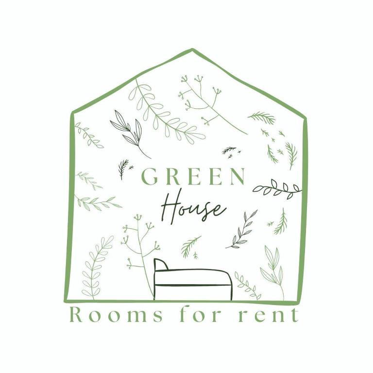 a vector illustration of a green house with leaves and a bench at Green House Livno in Livno