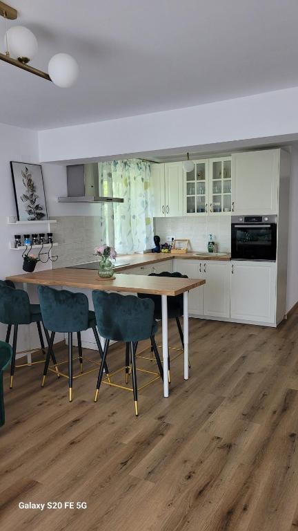 a kitchen with a large wooden table and chairs at Odiseea Apartment-Private parking included in Sibiu