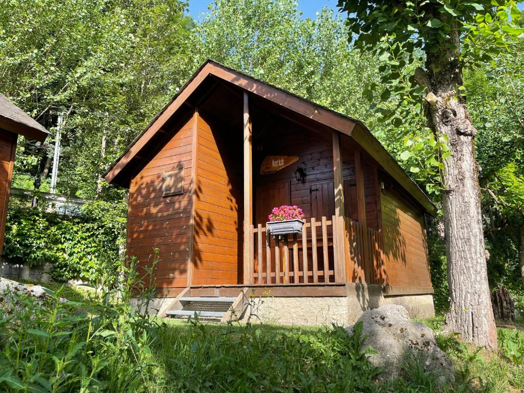a small cabin with a flower pot on the door at Camping Forcanada in Era Bordeta