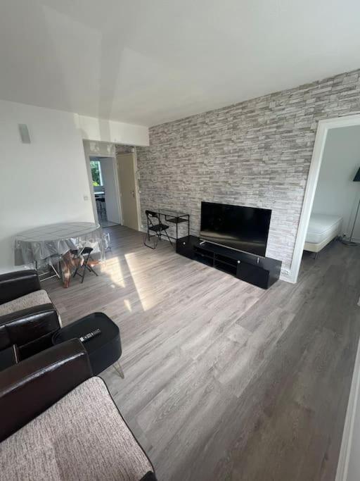 un salon avec un canapé et une cheminée dans l'établissement Spacieux Appartement Familial - 10 mnt du RER B, à Massy