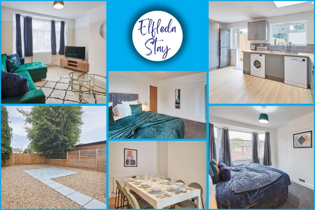 a collage of photos of a living room and a apartment at Elfleda Stay - Modern 5 bedroom house with parking in Cambridge