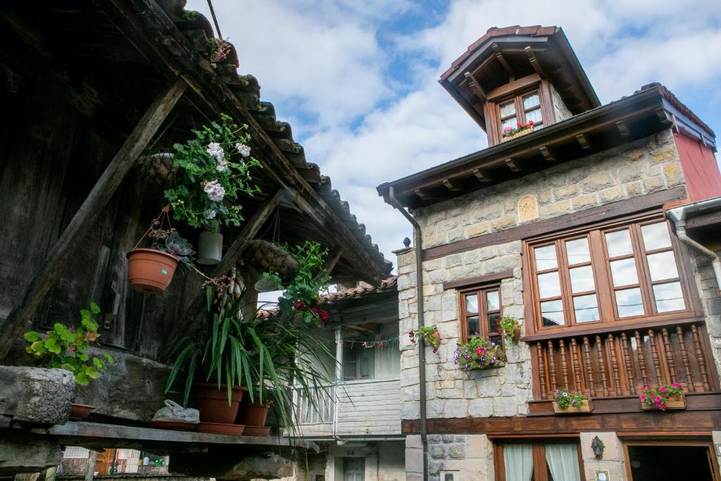 een oud huis met potplanten en ramen bij Casa Rural Salices in Pola de Laviana