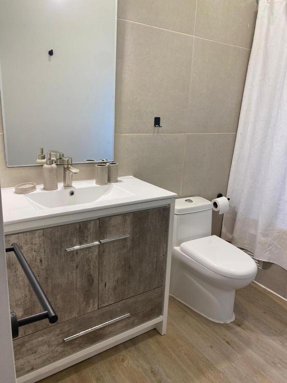 Un baño con lavabo, inodoro y espejo. en Pucon Villarrica Aldea Molco, en Molco