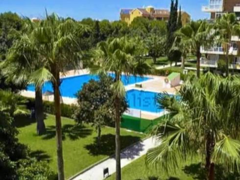 une piscine avec des palmiers en face d'un bâtiment dans l'établissement Hércules Nuevo y Moderno Estudio, à Benalmádena