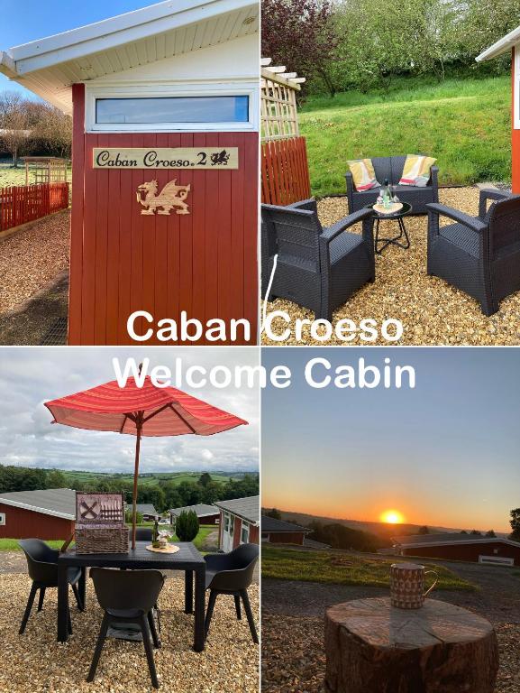 a collage of photos with a table and a barn at Caban Croeso-The Welcome Cabin, Holiday let, near Mansion House Llansteffan in Llanstephan